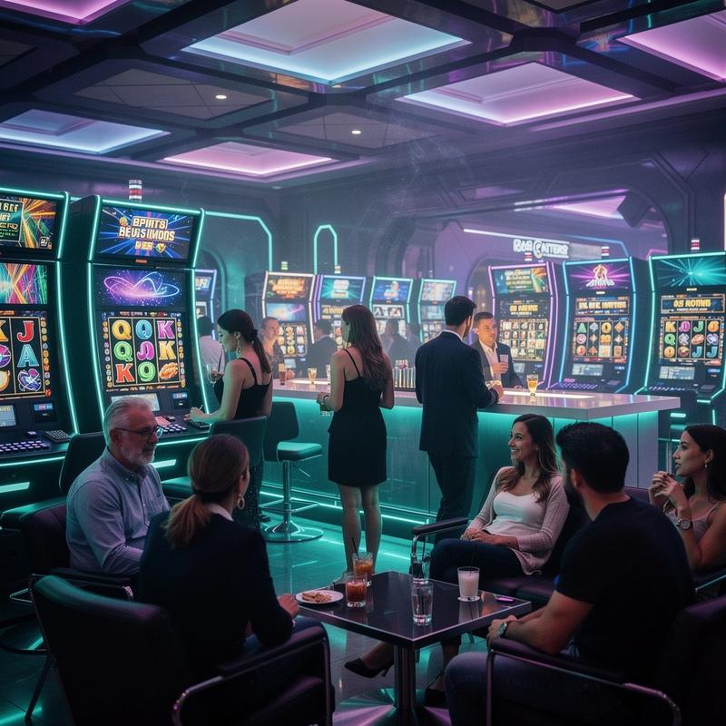 Neon social casino scene in a futuristic lounge